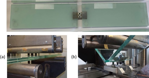 Figure 12. Top: assembled “butterfly-specimen“ for bending test; a) planar specimen prior to test start in set-up; b) deformed specimen during test