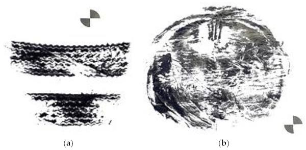 Figure 13. Experimental measurement of the reference impact area A corresponding to (a) TT or (b) SB impactors (acquisition for Eimp = 900 J).