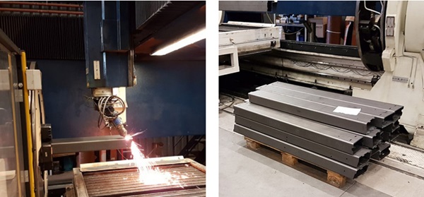 Figure 13: Left: 3D lasercutting, right: elements for 1 frame, with all ends cutted differently.