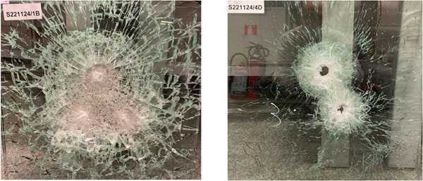 Fig. 13: (left) 2x12mm laminate after 3 shots, (right) 6x 4mm glass laminate after 2 shots.