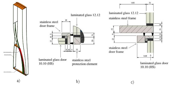 Fig. 13 Technical drawings of the doors with a) the stainless steel frame, b) the horizontal detail of door to side panel and c) vertical top detail of the door.