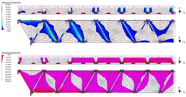 Figure 13. BM TVTγ-bis ULS non-linear static analysis: at the top, maximum principal stress; at the bottom, minimum principal stress.