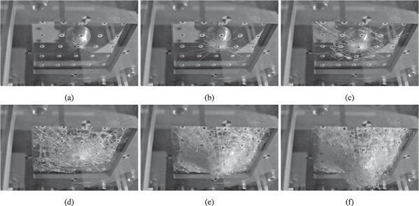 Fig. 13. Images from a test on laminated glass with impact velocity of 14.08 m/s at (a) 0.01 ms, (b) 0.08 ms, (c) 0.16 ms, (d) 1.92 ms, (e) 6.00 ms, and (f) 10.0 ms after contact.
