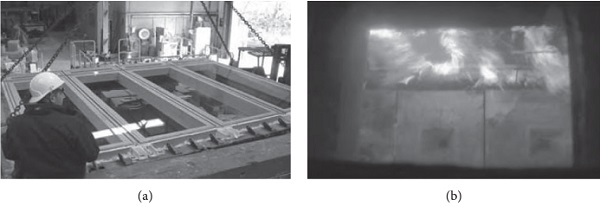 Figure 13   Fire tests on glazing floor, as reported in [75]. (a) Setup overview and (b) detail of the ongoing fire test.