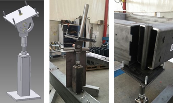Figure 14: Welding jig, 3D adjustable jig for production of the nodes in frames, left: 3D model, centre: jig in production, right: jig in use.