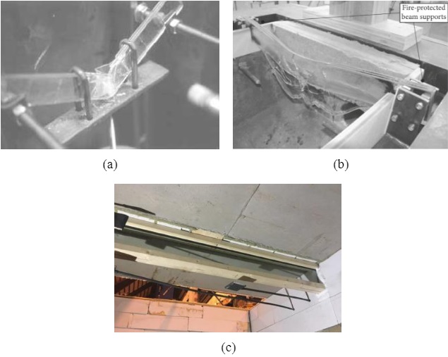 Fig. 14 (a) Buckled specimen of segmented laminated glass beam (Veer et al. 2001), (b) laminated glass beam after testing (Louter et al. 2016) (c) laminated Timber-Glass composite beam before testing (Sjöström et al. 2020).