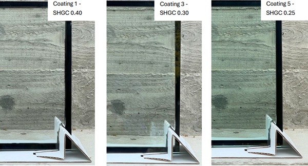 Fig. 15: Photographs of coated IGU samples from highest to lowest SHGC (left to right).