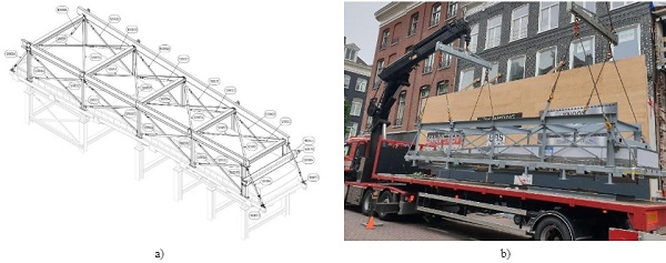 Fig. 15 a)Drawing of the assembly structure on top of the temporary frame in the factory and b) assembly structure on site in horizontal position.