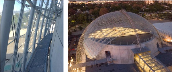 Figs. 16,17 Maintenance catwalk on the east side of the dome (left, similar on west side), and maintenance stair for a secured approach of the dome apex from the south side of the dome (right), both images are during construction (Images: Knippers Helbig, Patrick Price).