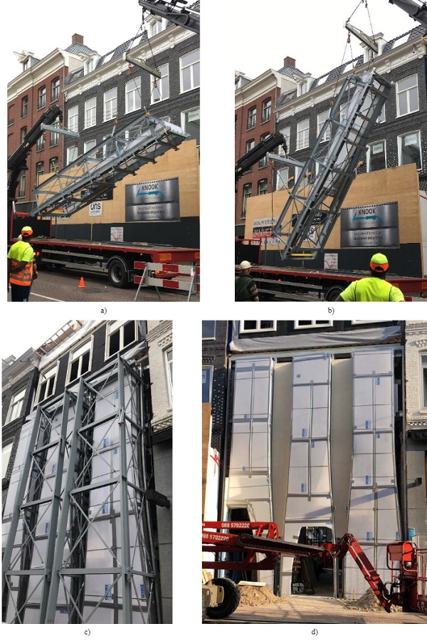 Fig. 16 a) Glass box with assembly structure in 30 degrees position, b) Glass box with assembly structure in 60 degrees position, c) All glass boxes installed with two assembly structures still attached, d) All glass boxes installed but still protected.