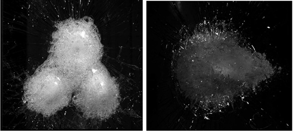 Fig. 16: high-speed camera photos, rear side view. (left) The laminate with 4 glass layers and anti-spall layer. (right) The all-glass laminate with 6 glass layers.