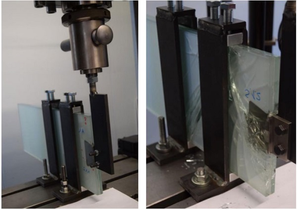 Figure 16. Set-up of the shear test prior to displacement (left); failed configuration with typical crack pattern originating from glass edge.