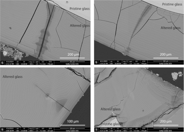 Fig. 16: BSE-SEM images of alteration observed on the surface of Glass 3.