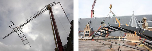 Figure 17: Left: hoisting a green frame, right: installing a green frame.