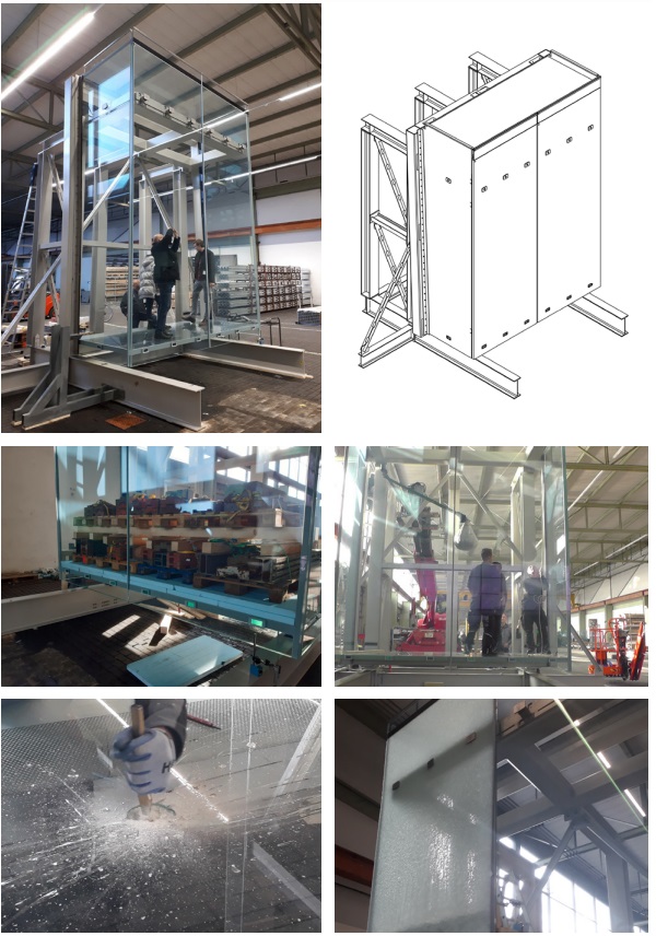 Figure 18 to 23 Full size performance mock-up: view from outside (top left) and isometry (top right); maximum load capacity (middle left) and impact test (middle right); post breakage behavior test on a fully broken floor panel (bottom left) and wind load capacity test (until failure) on one of the front panels.