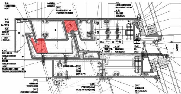 Figure 18 Transom construction drawing showing relation of adaptable gutter and sleeve with mullion inclination angle