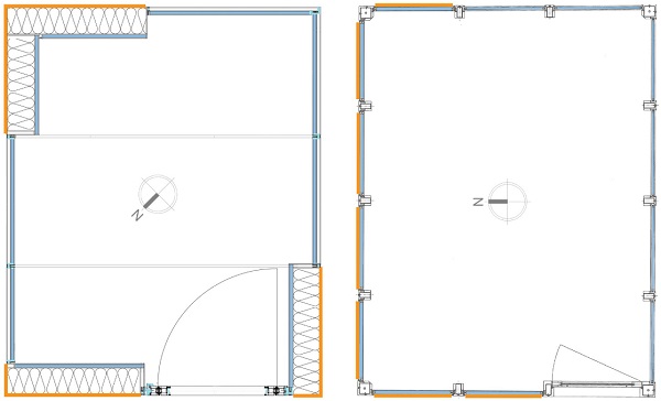 FIG . 18 Plans of Water House 1.0 (left) and Water House 2.0 (right) showing SIP and frame + infill structures, respectively. Steel panels (WFS) are highlighted with orange lines.