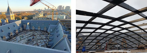 Figure 18: Left: installation of reciprocal frame ready, right: full steel grid installation ready