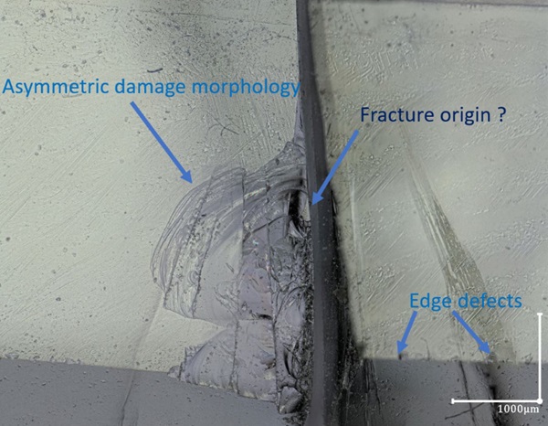 Fig. 18: Fracture initiation point with balanced angled reflected and transmitted lighting, 50X, 2D image produced from 3D picture.