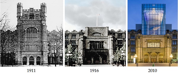 Figure 18. The original tower of the Victoria Memorial Museum in Ottawa had to be removed due to unstable soil conditions and its massive weight and was replaced by a glass tower after the rehabilitation of the monument into the Canadian Museum of Nature in 2010 (https://nature.ca/en/about-us/history-buildings). 