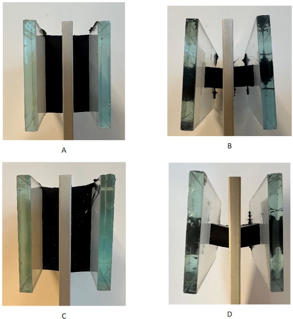 Fig. 19: Comparison of double H-pieces after heat ageing (2 h at 180 °C) followed by permanent load testing (3 months at 60 °C, 85% RH). Loading of 7000 Pa in longitudinal (A) and transverse direction (B), 11000 Pa in longitudinal (C) and transverse direction (D)