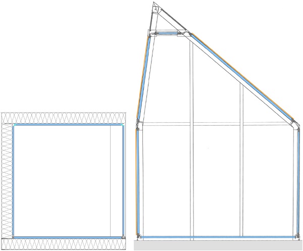 FIG . 19 Sections of Water House 1.0 (left) and Water House 2.0 (right) showing SIP and frame + infill structures, respectively. Opaque (steel) panels are highlighted with orange lines.