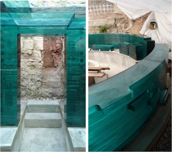 Figure 19b. The adaptive reuse of the Magdalena’s fountain in Jaén (Spain) employing horizontally stacked float glass panels (Cuac Arquitectura 2018)
