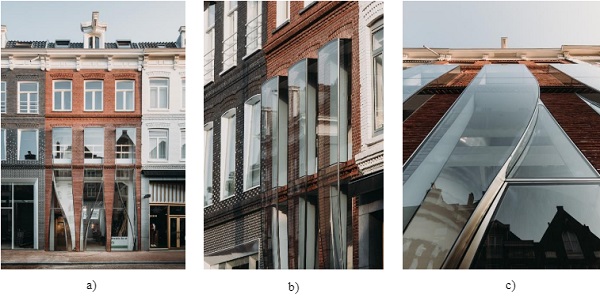 Fig. 1a) Front view of P.C. Hooftstraat 138 facade, b) Detail view of cantilevering glass box and c) Upward directed view. © Evabloem.