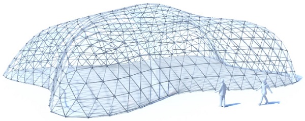 Fig. 1 Rendering view of a reinforced and post-tensioned glass shell (Simplilium case study).