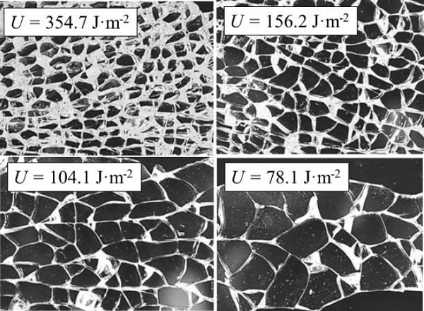 Fig. 1 Fracture morphology of thermally tempered glass having various elastic strain energy (Pourmoghaddam et al. 2018).