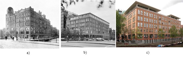 Fig. 1a) The Diamantbeurs in 1911, b) 1983 and c) 1990.