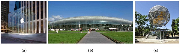 Figure 1. Use of structural glass in contemporary architectures: (a) Apple store entrance, New York (USA) [3]; (b) Train station, Strasbourg (France) [4]; (c) Diamante tirgenerative power station, Parco del Pratolino, Florence (Italy) [5].