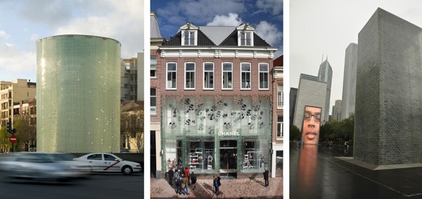 Fig. 1: Some of the most characteristic examples of structures out of cast glass blocks: The adhesively bonded Atocha Memorial(left) and Crystal Houses (centre), and the Crown Fountain (right) which is supported by a metal substructure.