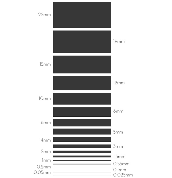 Fig. 1 Glass thicknesses at 1:1 scale -from 22mm to 25μm.