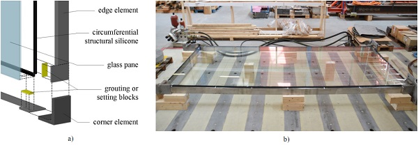 Fig. 1 Proposed glass-metal elements with composite structural behavior: a) conceptual sketch of the corner area and b) large-scale test specimen after manufacturing.