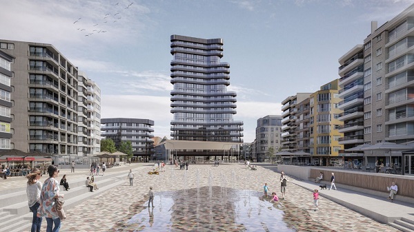 Fig. 1: visualisation of the Heldenplein (Eng. Hero square) with the 67 m high residential Heldentoren (Eng. Hero tower) in the back (© Neutelings & Riedijk)