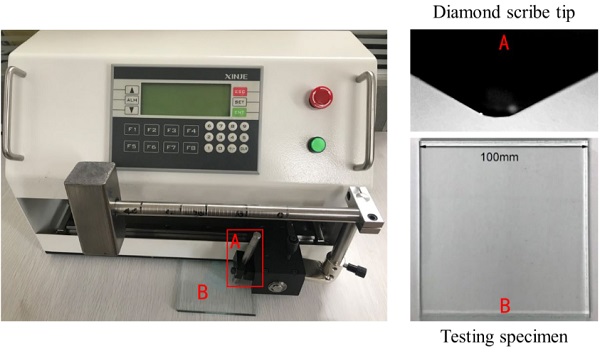 Fig. 1: Scratch testing machine and glass specimen