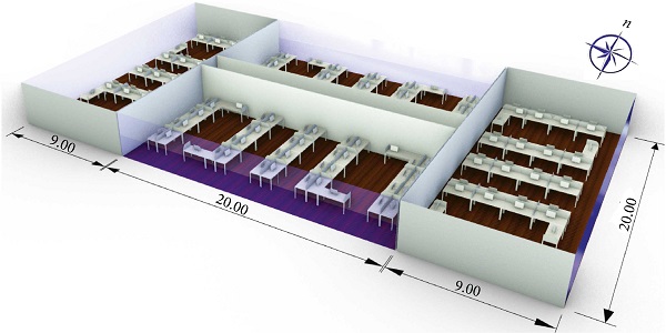 Figure 1 3D model of perimeter open-office zone and furniture arrangements in cardinal orientation.