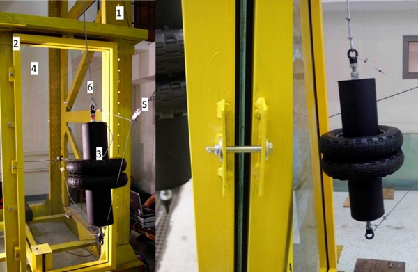 Fig. 1. Test assembly; main frame (1); chucking frame (2); impact body (3); glass sample (4); intermediate hanger (5); impact body hanger (6).