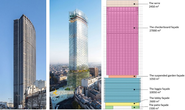 Fig. 1: Left: Existing tower. Centre: Refurbished tower. Right: Façade typologies