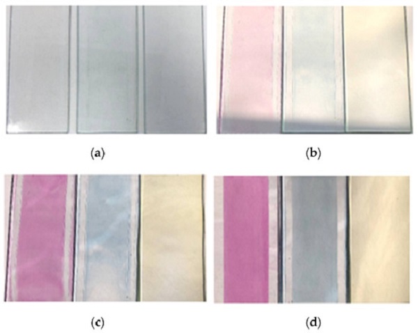 Figure 1. Glass plates coated with different color shades; (a) No sun exposure (b) 10-s sun exposure (c) 30-s sun exposure (d) 60-s sun exposure [39].