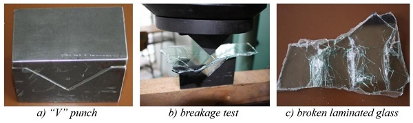 Figure 1. Breaking laminated glass by “V” punch on laboratory testing press.