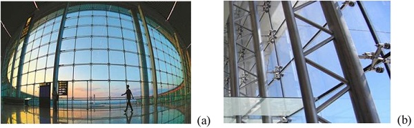 Fig. 1. Examples of facades: (a) cabled curtain wall at Chongqing Airport T3, China (Architectural concept: ADPI and Chengdu Institute of Architecture, 2017); (b) pointed fixed system.