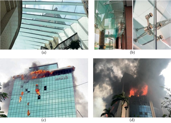 Figure 1   (a)-(b) Typical structural glass applications in buildings and (c)-(d) examples of recent fire event scenarios.