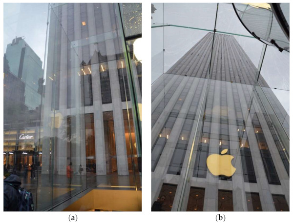 Figure 1. Self-supporting architectural glazing at the Apple Fifth Avenue store in Manhattan, New York: (a) transparent walls with glass fins and façade panels; (b) roof skylight supported by load-bearing glass beams.