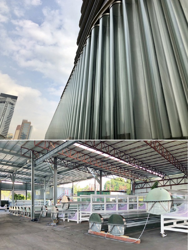 Figure 1 Closed cavity façade technology used for 9 m high glass tubes: Mock-up for performance tests and assembly line in Hong Kong © seele 
