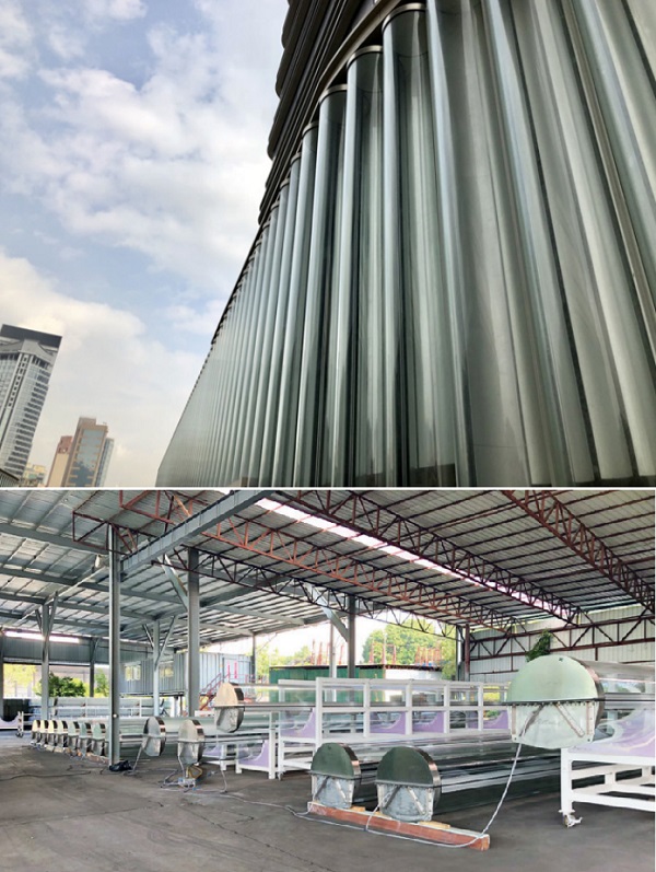 Figure 1 Closed cavity façade technology used for 9 m high glass tubes: Mock-up for performance tests and assembly line in Hong Kong © seele