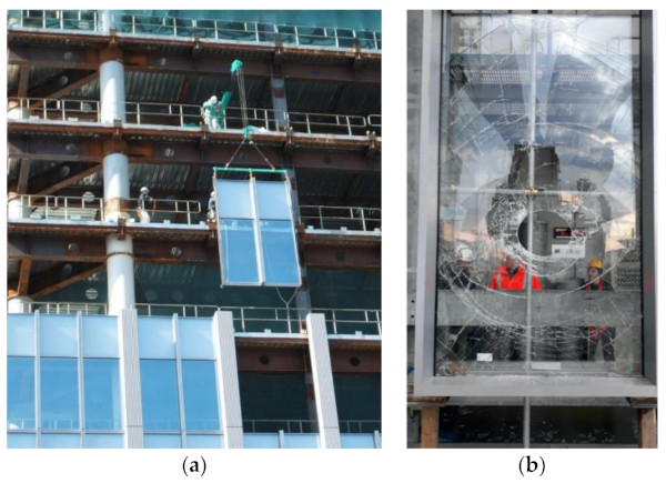 Figure 1. Example of curtain wall: (a) modular unit and (b) failure under impact.