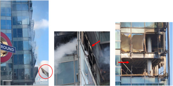Fig. 1. Relay Building fire 7th of March 2022. Large panel falling from the 16th floor of the Relay Building during the fire (left). Aftermath of the fire - visible deflection (middle) and complete degradation of the aluminium frame (right) adapted from Ref. [2].