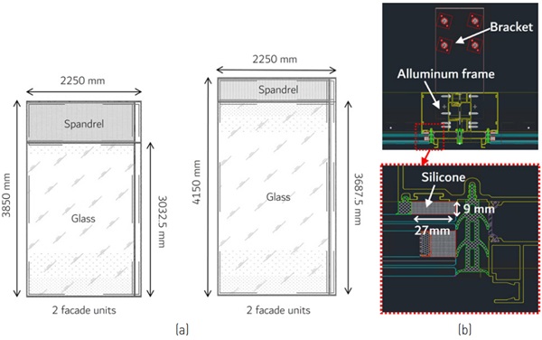 Figure 1. (a) Specimen properties and dimensions; (b) joint detailing of the design configuration.